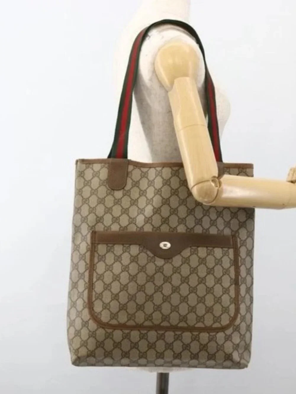 GUCCI GG Supreme Web Sherry Line Tote Bag PVC Beige Red 39 02 0031 Auth BA11570